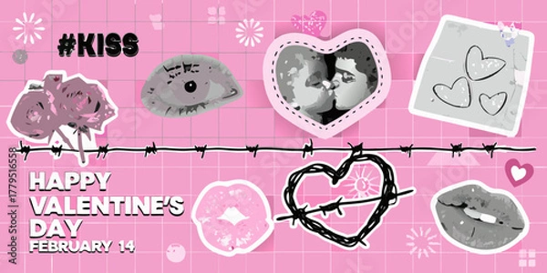 Fototapeta Happy valentine s day february 14 with kiss hashtag roses and heart symbols on pink grid background
