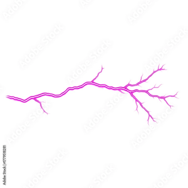 Fototapeta Bright pink lightning bolt branching electric discharge isolated on a transparent background