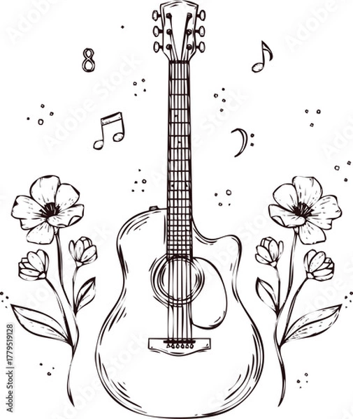 Obraz An engraving art style illustration acoustic guitar with flowers and musical notes