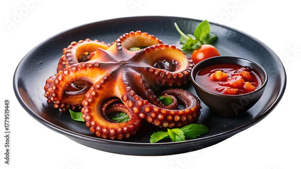 Fototapeta Smoky Grilled Octopus Tentacles in a blue bowl on a black plate with white background and transparent background