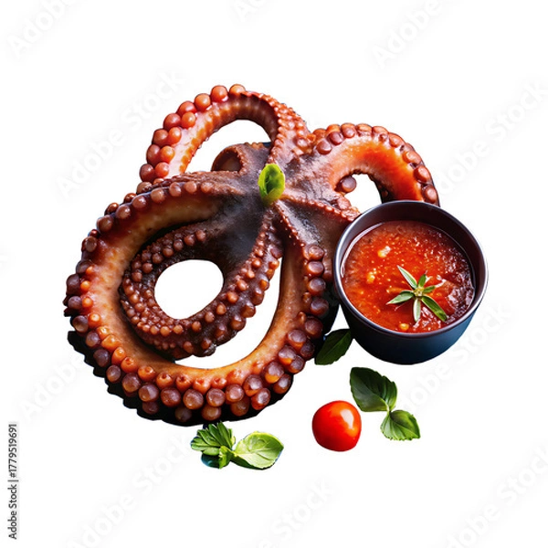 Fototapeta Smoky Grilled Octopus Tentacles in a blue bowl on a black plate with white background and transparent background