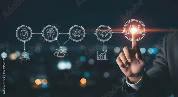 Fototapeta Businessman touching a digital interface with agile methodology icons