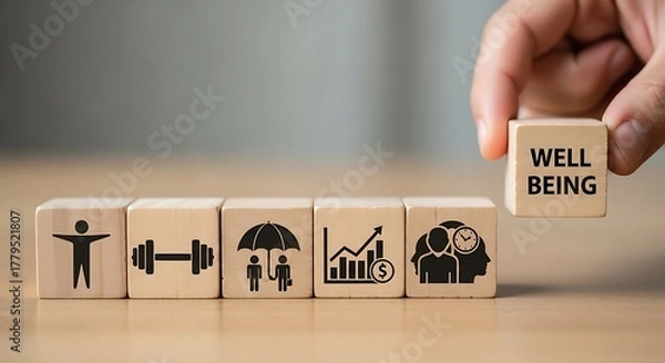 Fototapeta Hand placing a cube with the word wellbeing on blocks representing health