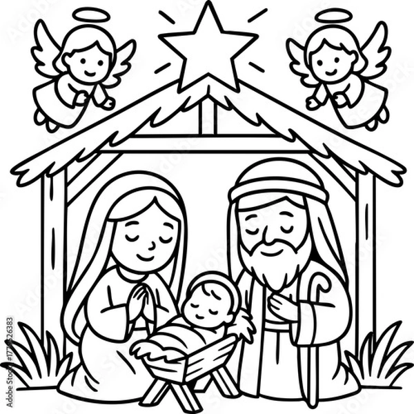 Obraz Christmas Nativity Scene Vector Illustration. Outline Design. Coloring Book Page. SVG. Transparent Background. Printable Christmas Design.