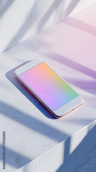Fototapeta Digital transformation ecosystem - Modern Smartphone with Colorful Gradient Screen on Marble Surface - AI concept