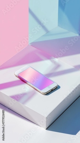 Fototapeta Virtual intelligence trend - Stylish Smartphone with Gradient Screen on Minimalist Pastel Background - AI concept