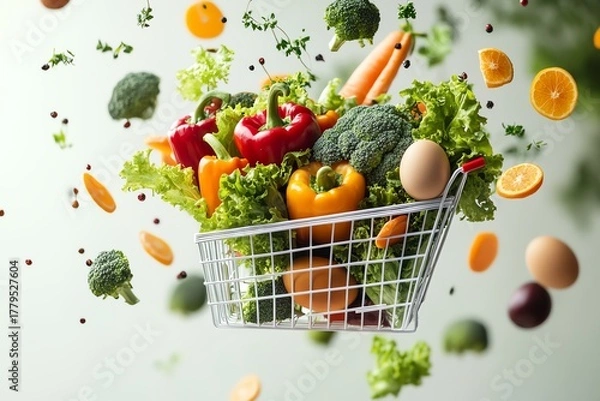 Fototapeta A hyperrealistic commercial studio composite of a white wire shopping basket suspended in midair