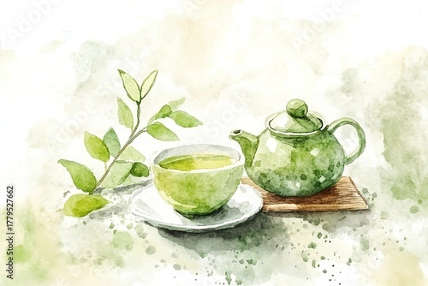 Obraz A minimalist watercolor illustration of a matcha tea set, a concept for drinks, lifestyle, and Japanese culture