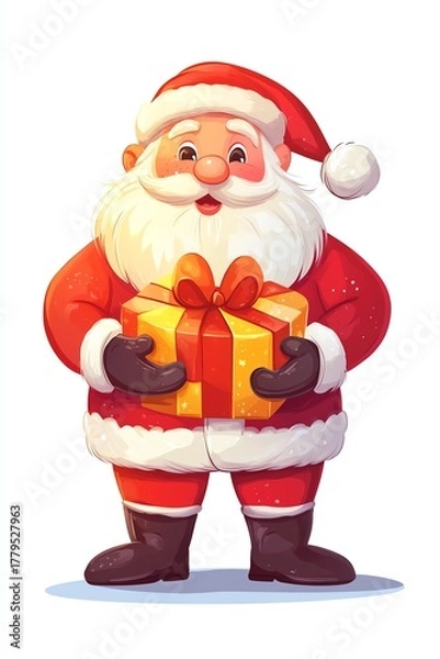 Fototapeta Cheerful Santa Claus with a gift, vibrant cartoon illustration, festive spirit, playful design, isolated on white background