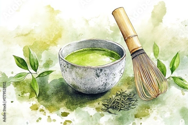 Obraz Flatlay watercolor painting of a matcha drink with green tea leaves, matcha whisk, and ceramic bowl,, rustic Japanese tea ceremony atmosphere