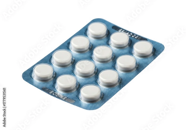 Obraz Blister pack of white round pills isolated PNG, medication tablets for healthcare and pharmaceutical use on transparent background