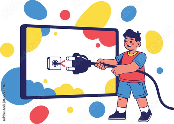 Fototapeta Boy Connecting Power Plug to Device Screen