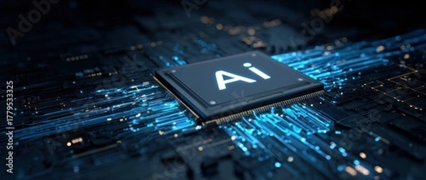 Obraz Glowing ai chip on dark futuristic circuit board with blue light trails.