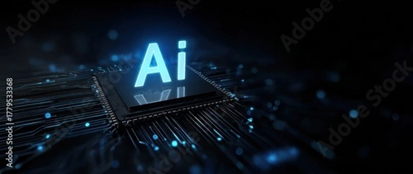 Obraz Glowing ai text on dark futuristic computer chip circuitry background
