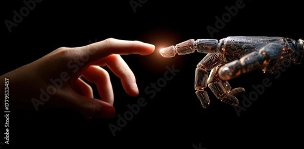 Obraz Human finger nearly touching glowing robotic finger against black background