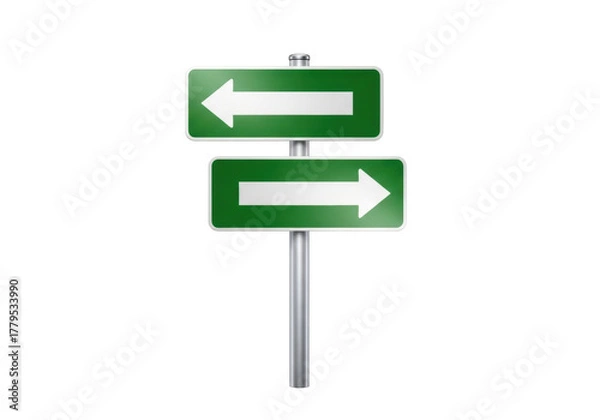 Obraz Green direction sign isolated PNG on transparent background, left and right arrows for navigation and decision making
