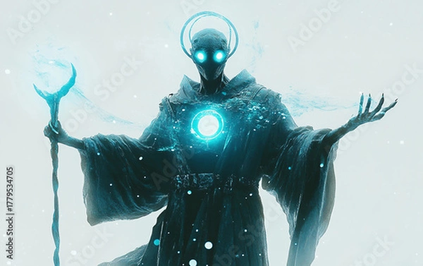 Fototapeta Mystical extraterrestrial figure hovering in silence symbolizing cosmic power and ancient spirituality isolated on transparent background PNG