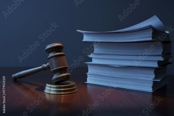 Fototapeta A judge's gavel on a stand and a stack of papers.