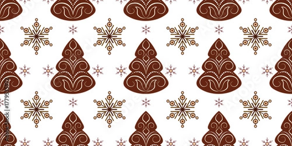 Obraz Gingerbread Christmas trees with snowflakes. Cozy winter holiday seamless pattern on white background. Brown fir tree with white curls. Warm christmas holiday decor