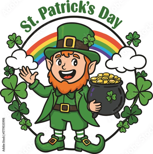 Fototapeta Happy cartoon leprechaun holding a pot of gold coin at the end of a rainbow, framed by shamrocks for St. Patrick's Day design.