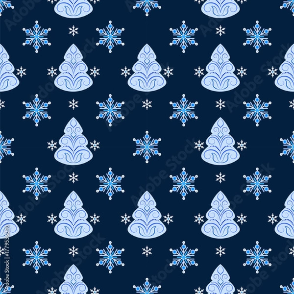 Obraz Blue Christmas trees and snowflakes. Cozy winter holiday seamless pattern on dark blue background. Winter cold forest. Fir trees with curls. Classic christmas holiday decor
