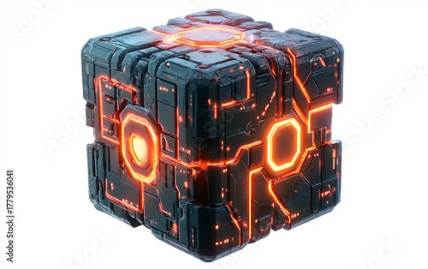 Fototapeta Mysterious extraterrestrial cube hovering in space with transforming patterns symbolizing advanced cognition isolated on transparent background PNG
