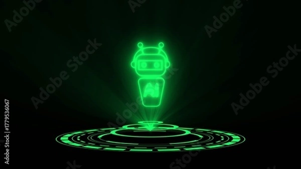 Fototapeta Green neon robot hologram with ai text on futuristic circular platform artificial intelligence