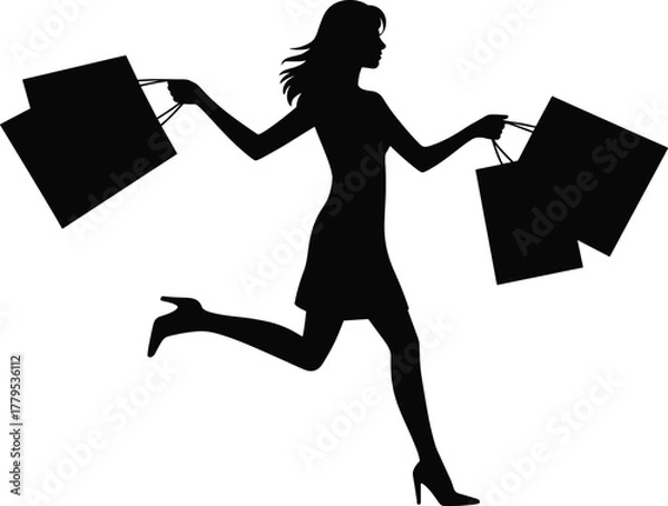 Obraz Woman running with shopping bags silhouette vector, female figure on a shopping spree, fast purchase, commerce, consumerism, and retail sales activity illustration design.