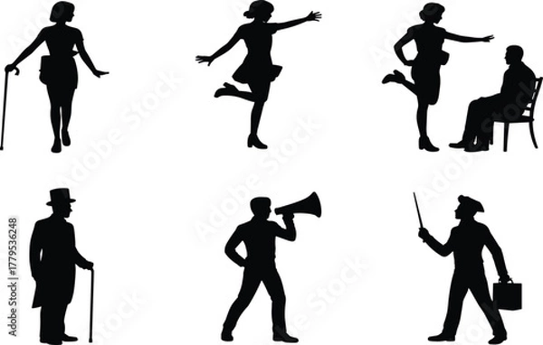 Obraz Set of classic people silhouettes, retro characters collection, gentleman, dancing woman, speaker with megaphone, vintage figures, theatrical, communication, variety of poses.