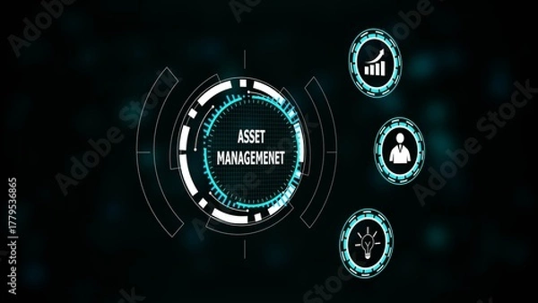 Fototapeta Futuristic digital interface displaying asset management with icons for growth person and idea technology