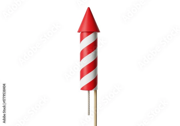 Obraz Red and white striped firework rocket PNG isolated on transparent background, festive celebration pyrotechnics for holiday events