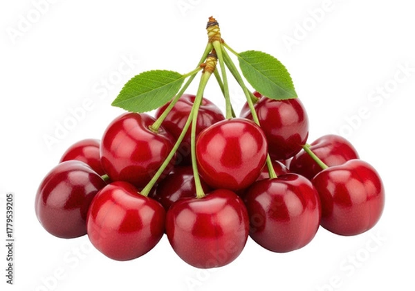 Obraz Pile of ripe red cherries with green leaves isolated PNG, fresh summer fruit on transparent background for healthy eating and dessert concepts