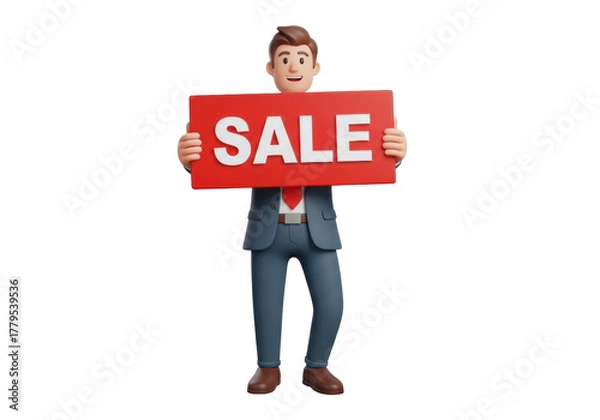 Obraz Cartoon businessman holding a sale sign isolated PNG, 3D rendering of a man in a suit with a red sale banner on transparent background