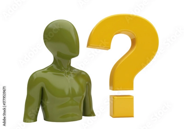 Obraz Olive green faceless mannequin with yellow question mark isolated PNG, conceptual 3D render for uncertainty and decision making