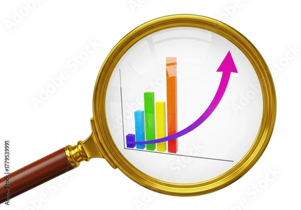 Obraz Magnifying glass with colorful bar graph and arrow isolated PNG, business growth and financial analysis concept on transparent background