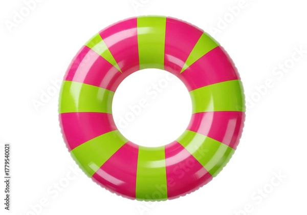 Obraz Pink and green striped inflatable swim ring PNG isolated, summer pool float for kids and adults on transparent background
