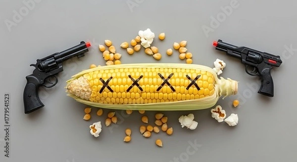 Obraz Corn cob with crossed out kernels and guns, symbolizing popcorn danger