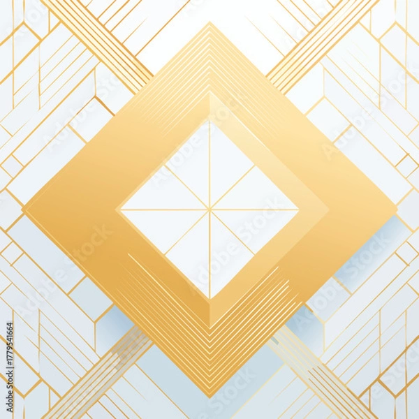 Fototapeta Golden Geometric Diamond Emblem With Intersecting Lines And Faceted Squares On Blue Background