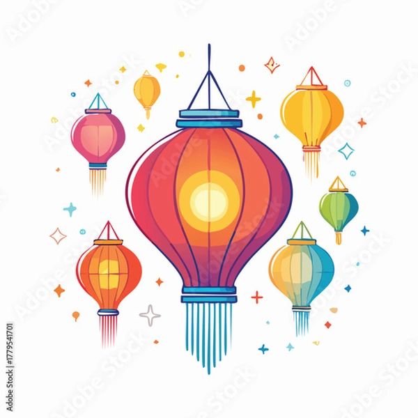 Fototapeta Vibrant Lantern Festival Scene With A Large Central Lantern And Surrounding Floating Colorful Lanterns