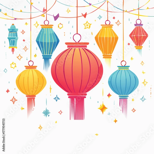Fototapeta Colorful Hanging Lanterns With Tassels And Confetti In Bright Festival Colors On White Background