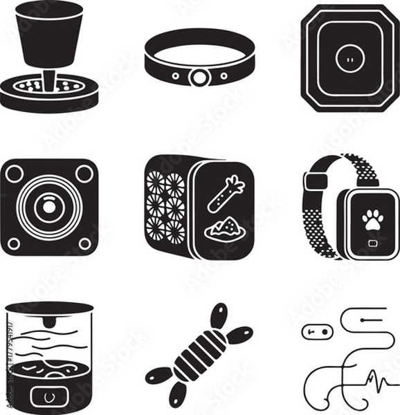 Fototapeta Nine smart pet devices arranged in a grid on white background pet technology pet gadgets
