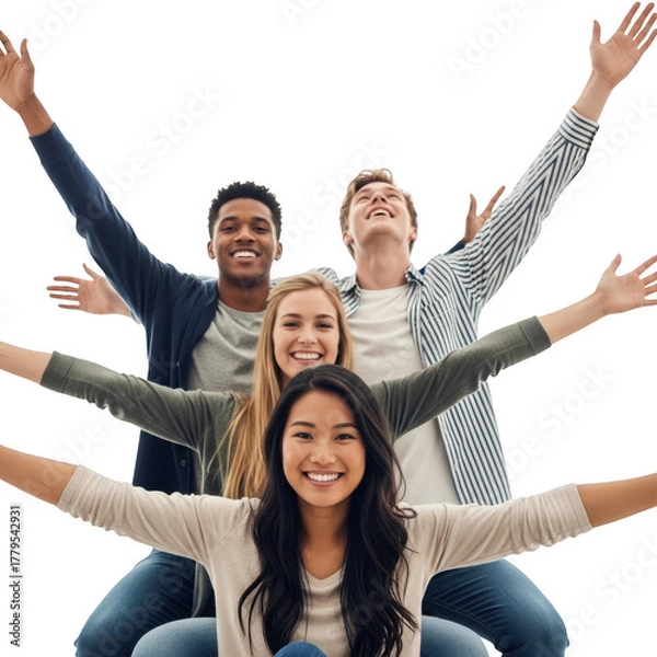 Fototapeta Diverse group of young people celebrating with arms raised isolated on transparent background