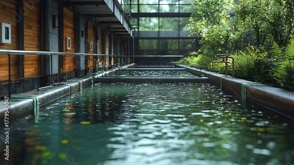 Fototapeta Modern indoor aquaculture system with multiple fish tanks and lush greenery.