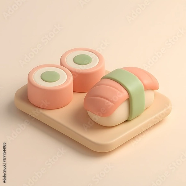 Fototapeta A cute and simple 3d render of sushi and maki rolls on a light beige square plate, presented in a minimalist style with soft pastel colors