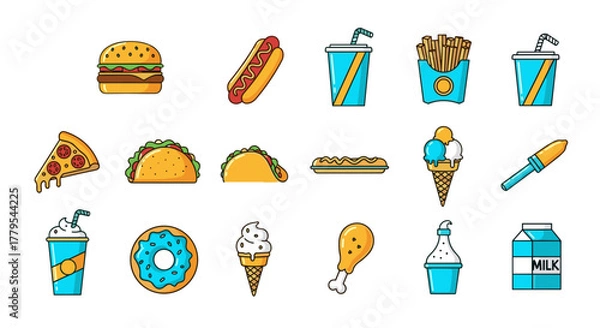 Fototapeta Colorful food icons, fast food set for menu design, vector graphics for restaurant promotion