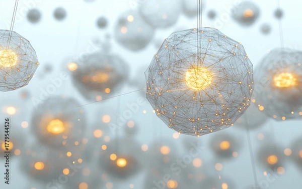 Fototapeta Floating network of digital nodes symbolizing futuristic data connections and technological communication systems isolated on transparent background PNG