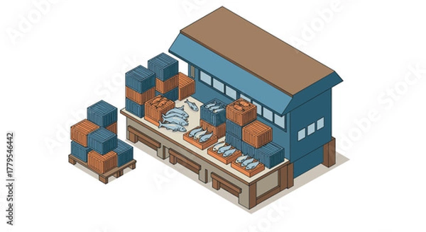 Fototapeta Isometric warehouse with cargo ships and shipping containers