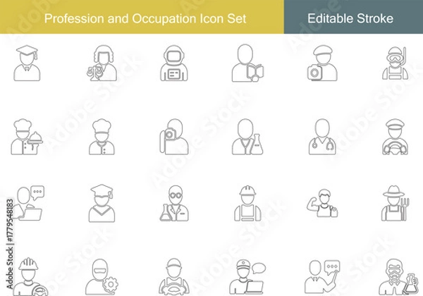 Fototapeta Profession and Occupation Icon Set | Doctor, Pilot, Chef, Photographer, Scientist, Teacher, Police, Engineer, Nurse, Graduate Line Icons