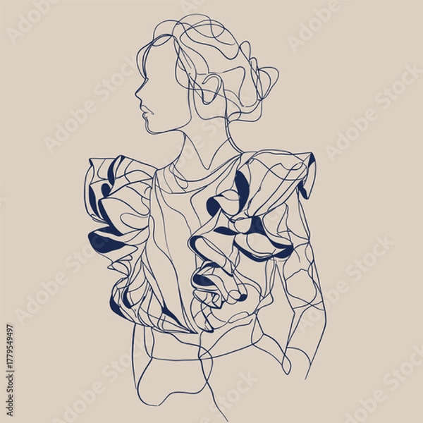 Fototapeta Minimalist vector illustration of a stylish woman in a ruffled blouse, drawn in continuous line art style with blue contour lines. Modern fashion artwork ideal for editorial design, branding, posters