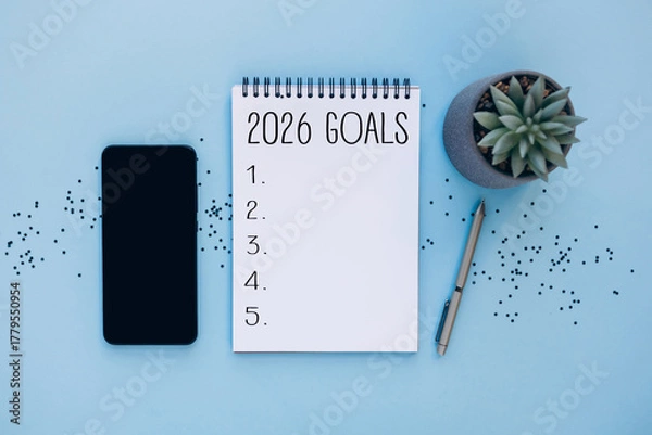 Fototapeta 2026 goals planning concept with notebook and accessories. Concept of new year planning, goal setting, resolutions, productivity, personal development, and organization for 2026.